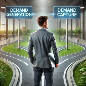 A hyper-realistic image of a millennial marketer from a tech company standing at a forked road. The marketer looks thoughtful, holding a laptop or tab