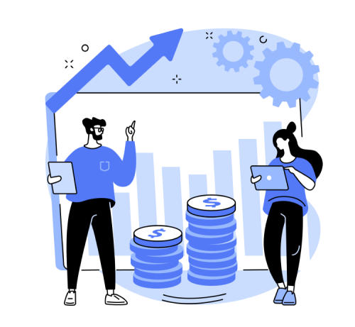 a man and woman standing next to a stack of coins